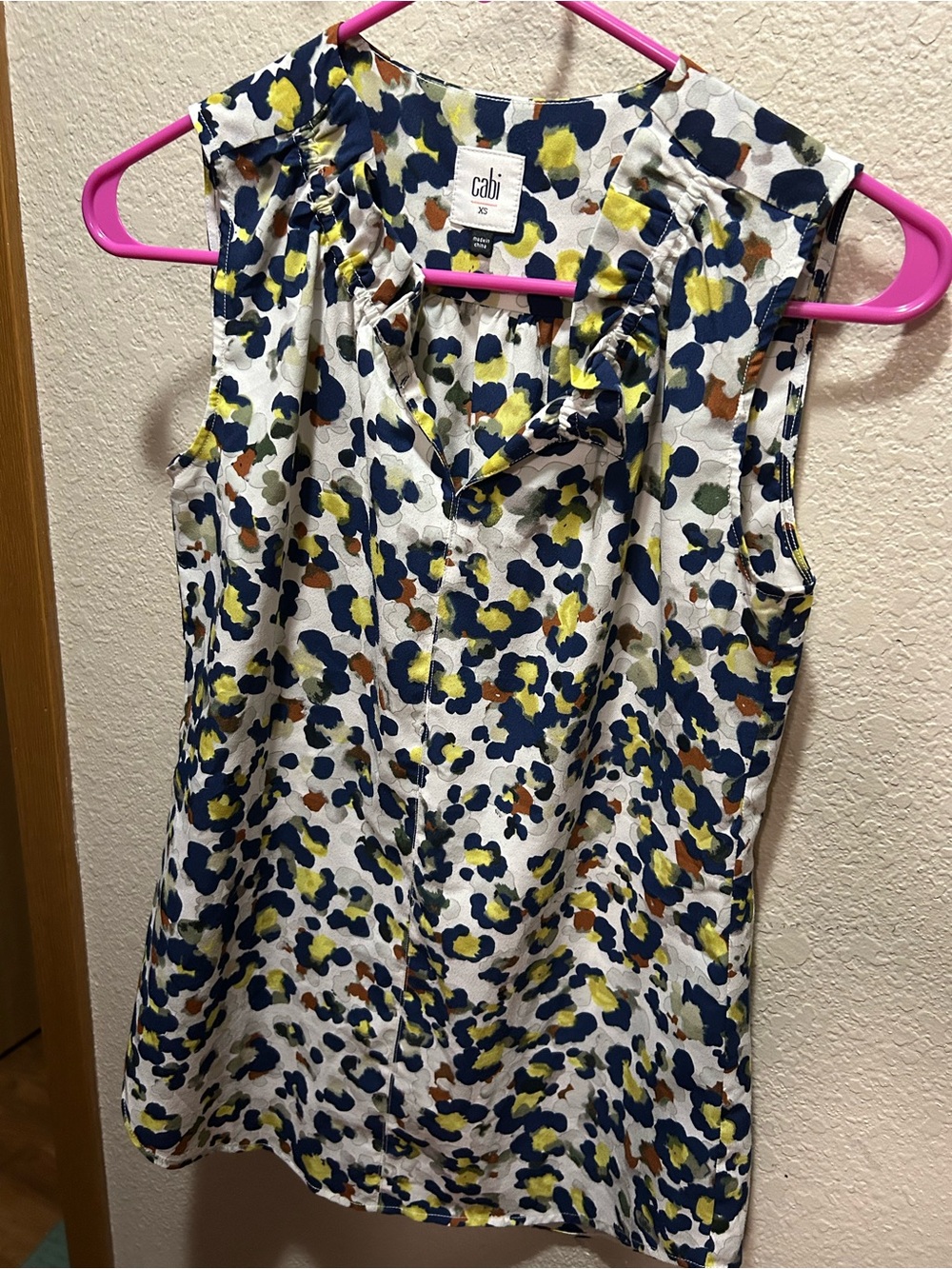 CAbi Sleeveless Ruffle Neck Blouse - White, Navy & Yellow